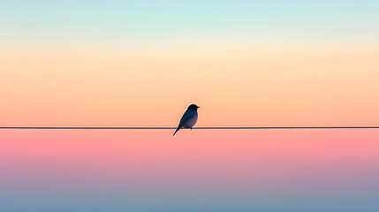 Naklejka premium Lone Bird Perched on a Thin Wire – A Symbol of Solitude and Freedom Against a Simple, Serene Background
