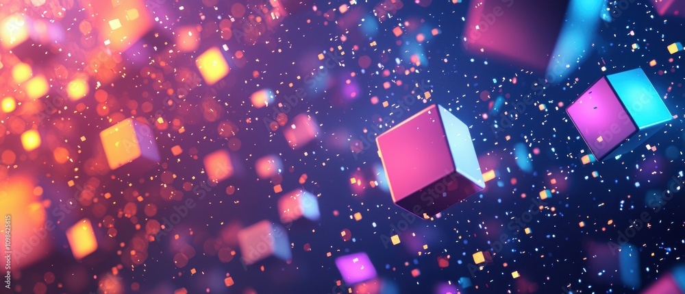 Poster exploring a digital matrix with floating holographic cubes in a futuristic environment for technolog