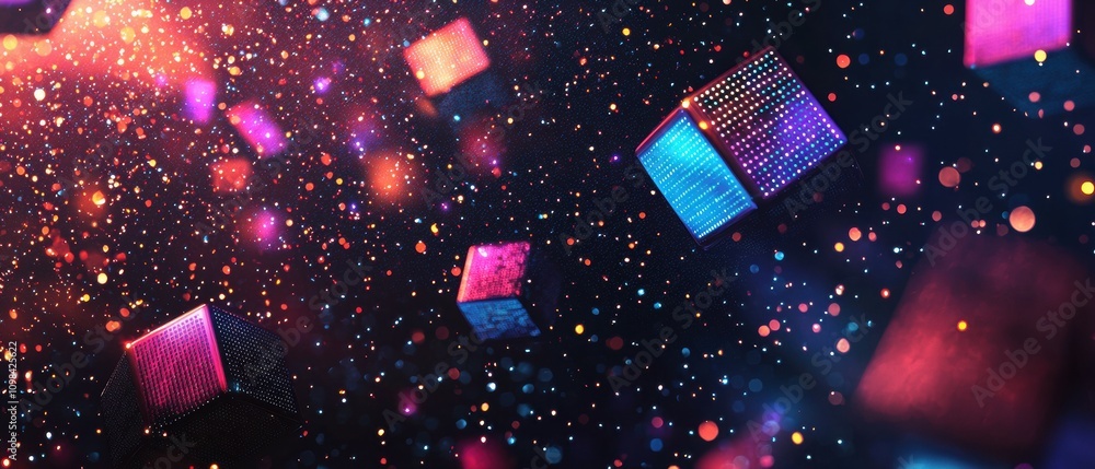 Poster exploring a digital matrix background featuring a floating holographic cube in a futuristic tech env
