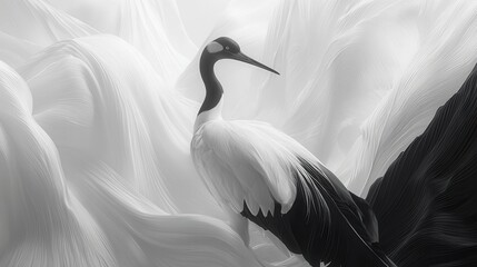 Fototapeta premium A graceful crane stands elegantly amid flowing textures, captured in striking black and white.