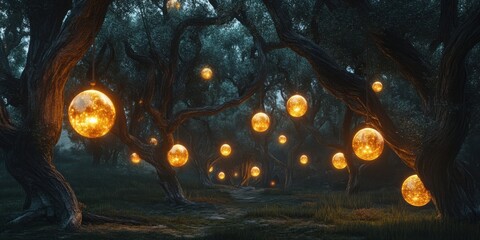 A mystical forest illuminated by glowing orbs floating among ancient trees