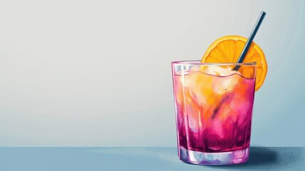 Vibrant cocktail with orange slice and straw on blue surface