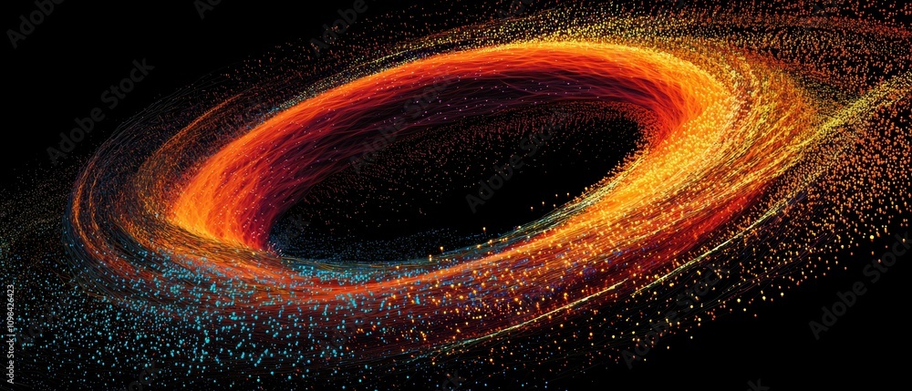 Poster creating abstract digital particles in an infinite loop visualizing dynamic concepts in a virtual en