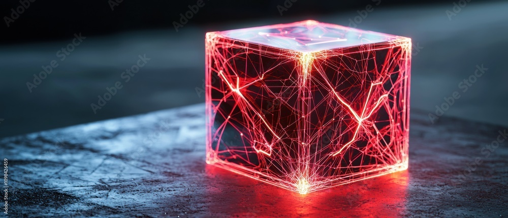 Poster dynamic abstract rotating cube displaying neon symbols in a glowing network environment