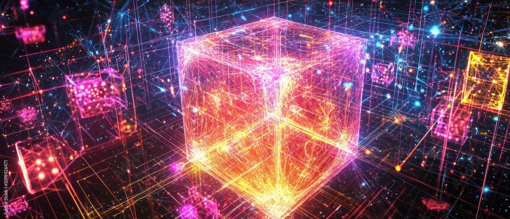 Poster dynamic visual experience of an abstract rotating cube with neon symbols and glowing network virtual