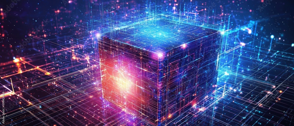 Poster dynamic neon symbols on an abstract rotating cube within a glowing network environment for futuristi