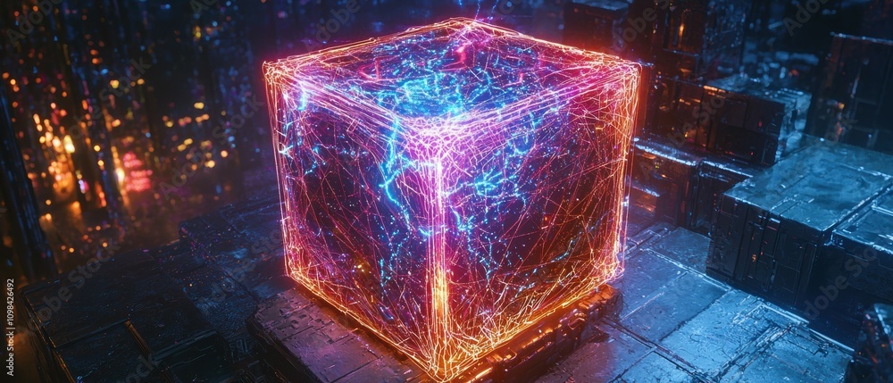Poster dynamic neon rotating cube animation digital space 3d visualization cyber environment futuristic per