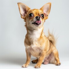 Obraz premium An adorable fawn colored Chihuahua sits tongue out against a light gray background.