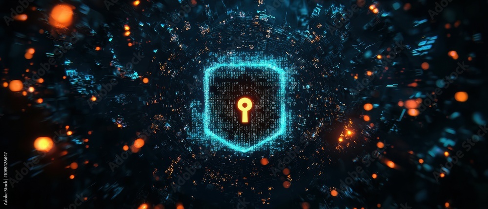 Poster unlocking potential glowing lock symbol surrounded by cascading elements in a digital landscape for 