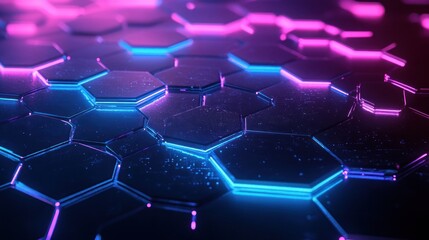 Obraz premium Neon hexagonal patterns with glowing effects.
