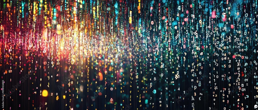Poster digital rain effect of cascading numbers and symbols evoking a futuristic aesthetic in a virtual env