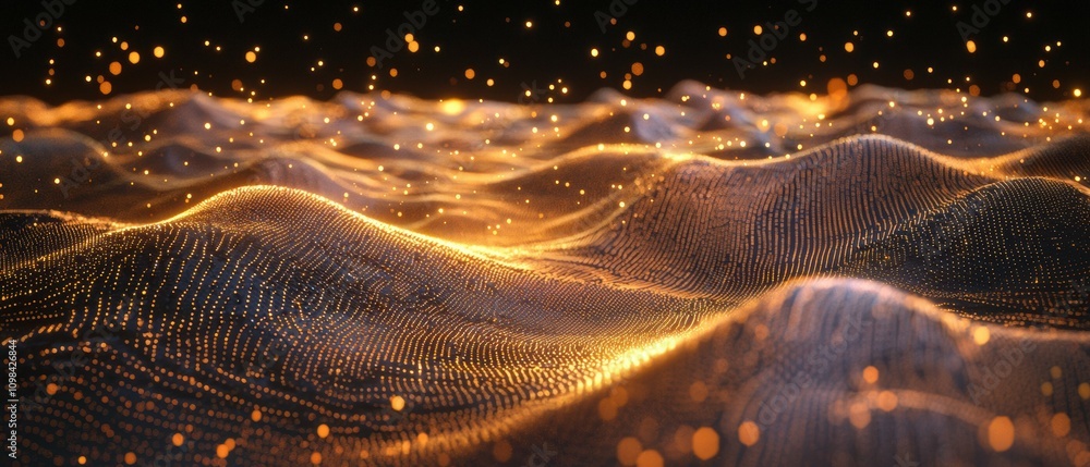 Poster dynamic wave of glowing points moving like data packets in a futuristic digital landscape