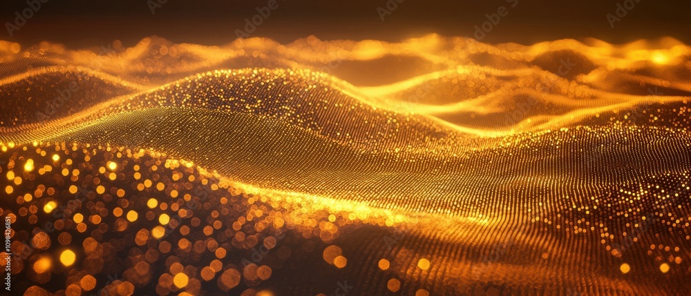 Poster dynamic wave of glowing points moving like data packets in a futuristic space visual art environment