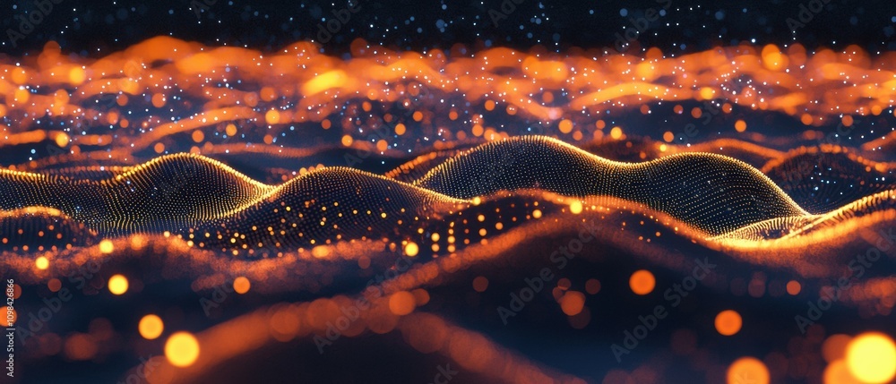 Poster dynamic wave of glowing points moving like data packets in a virtual space digital art futuristic en
