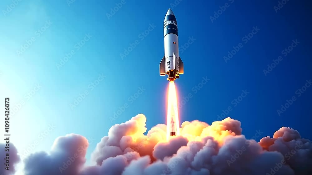 Poster a captivating scene of a rocket lifting off from a laptop display, enveloped by dynamic clouds and s