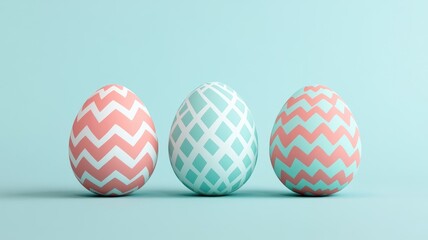 Obraz premium Three patterned, pastel-colored eggs with zigzag and criss-cross designs on light blue background