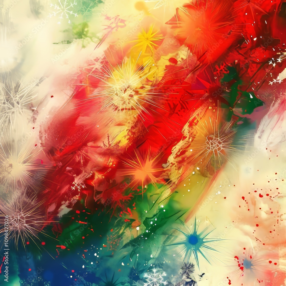 Poster dynamic abstract artwork featuring vibrant starburst patterns and bold colors, creating an energetic