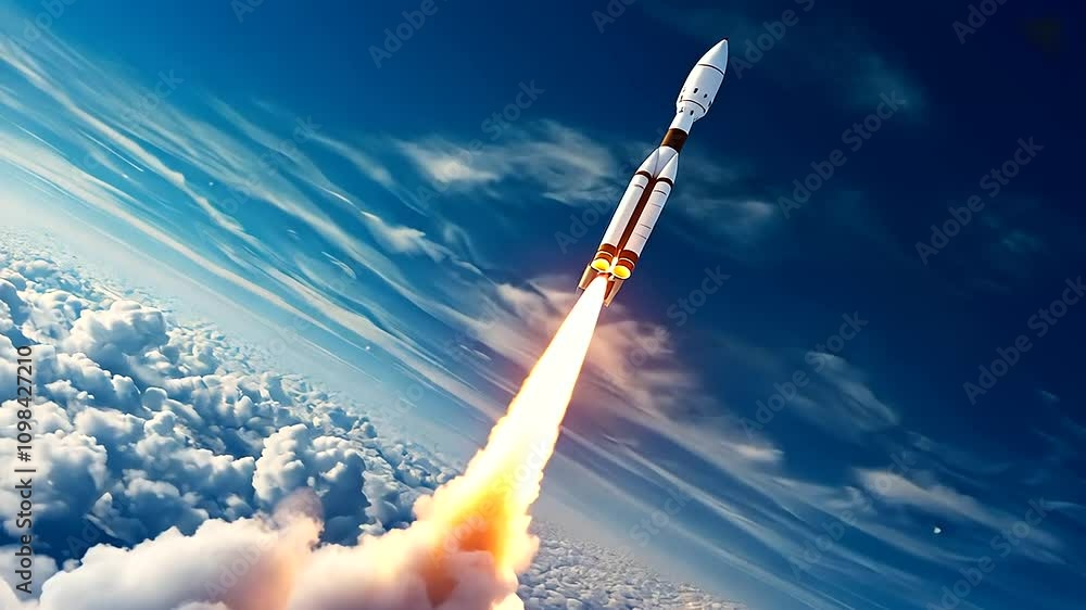 Poster a close-up view of a rocket launching from a laptop, with soft clouds enveloping the device and a st