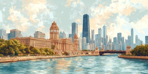 Obraz premium Chicago Cityscape Featuring Iconic Clock Tower and River