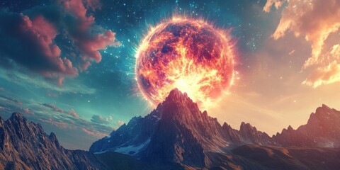 A radiant energy sphere hovering above a mountain peak, glowing with vibrant cosmic light