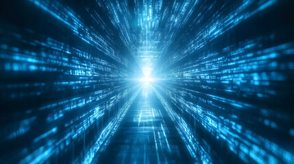 Naklejka premium Futuristic digital tunnel with glowing blue lights and data streams, creating sense of depth and movement. captivating visual experience of technology