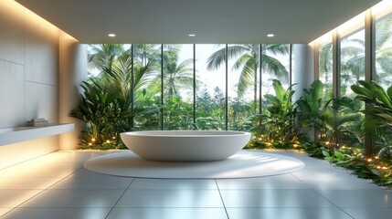 Fototapeta premium Modern bathroom with freestanding tub and tropical view.