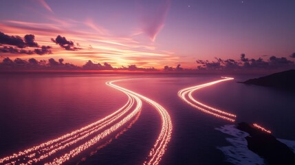 Fototapeta premium Beautiful sunset over ocean with lights