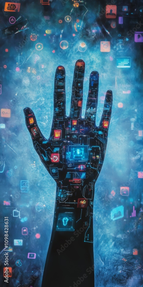 Poster a hand with many icons on it. the icons are in different colors and shapes. the hand is in the middl