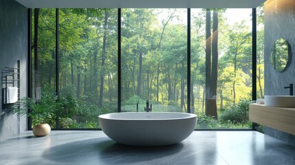 Fototapeta premium Modern Bathroom with a View of a Lush Green Forest