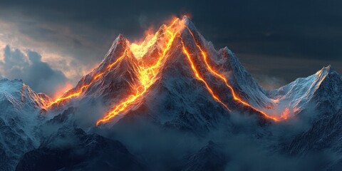 A sacred mountain with glowing energy veins running through its peaks