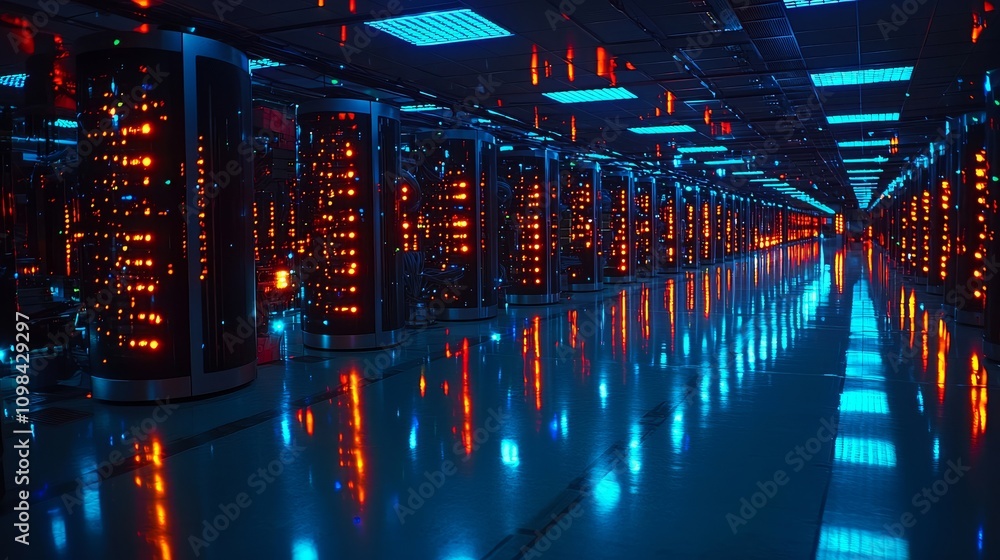 Poster a futuristic data center featuring rows of illuminated server racks, reflecting vibrant blue and ora