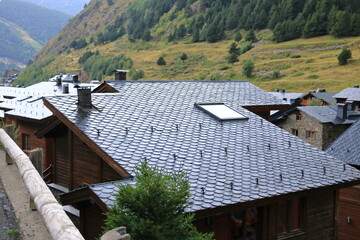 A slate tiled roof on a house in Andorra, Europe