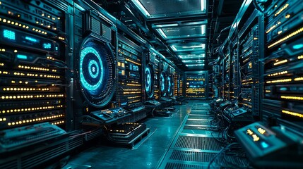 A futuristic server room filled with glowing equipment, showcasing advanced technology and intricate wiring in a sleek, high-tech environment.