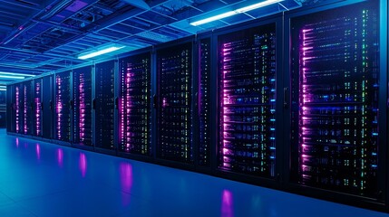 A modern data center featuring rows of servers illuminated by vibrant blue and purple lights, showcasing advanced technology in a sleek environment.