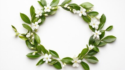 Fototapeta premium Circular flower wreath with white flowers and green leaves