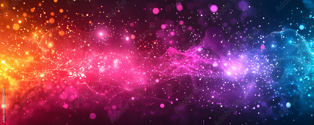 Poster abstract colorful nebula, glowing particles flowing dynamically across a vibrant background