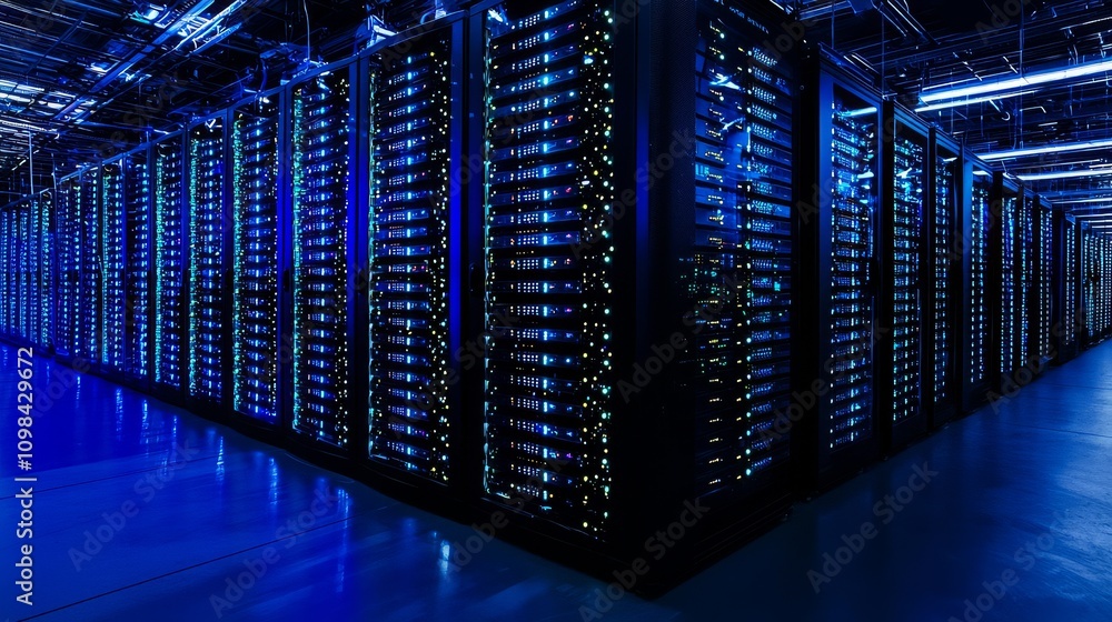 Poster a visually striking data center filled with rows of servers glowing in blue light, illustrating adva