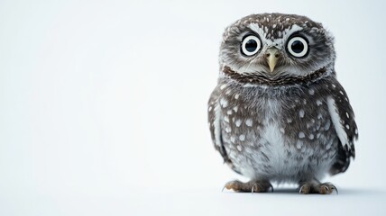 Obraz premium Small, wide-eyed owl with brown and white speckled feathers sitting against background