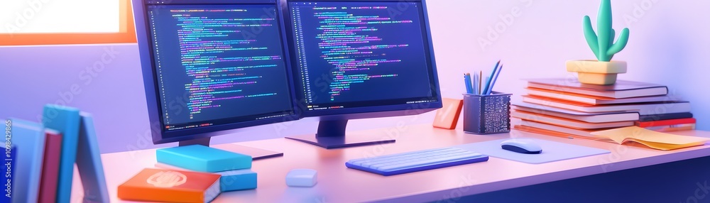 Poster modern programmer workspace with dual monitors and code