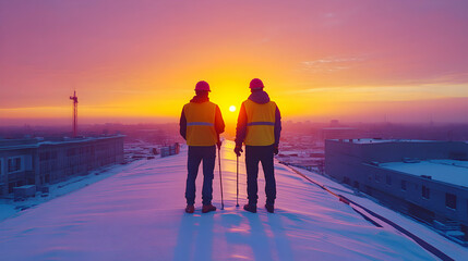 Fototapeta premium Construction Workers Silhouette at Sunset, Rooftop View of Cityscape During Winter, Golden Hour Panorama.
