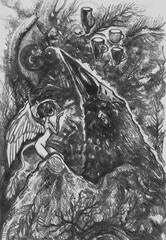 Abstract pencil illustration with dark fantasy vibes, featuring mysterious fairies and strange creatures. Perfect for backgrounds or gothic-themed covers.
