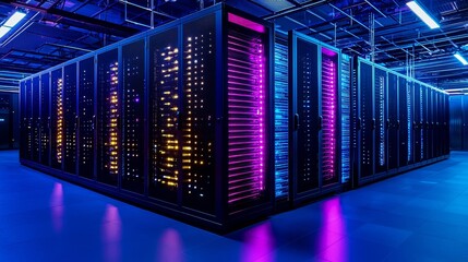 A futuristic data center featuring rows of servers illuminated with vibrant blue and purple lights, showcasing advanced technology and modern infrastructure.