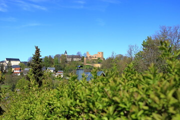 Hilltop Frauenstein Castle. small town at the foot of the ore mountains, Erzgebirge, Saxony in...