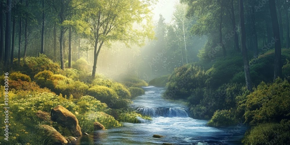 Poster a stream of water flows through a forest. the water is clear and calm. there are trees on both sides