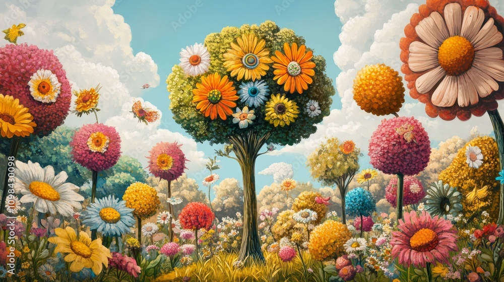 Poster a painting of a field of flowers with a tree in the middle. the tree is surrounded by many flowers o
