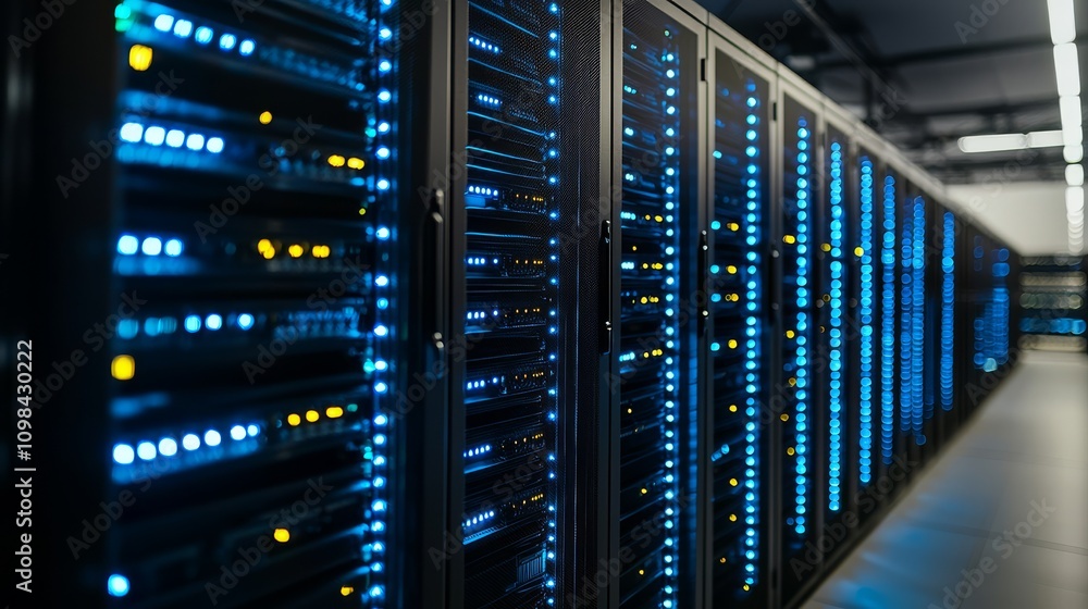 Poster a close-up view of server racks with illuminated lights, showcasing a modern data center environment