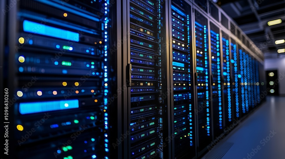 Aufkleber a modern data center featuring rows of servers illuminated with blue lights, showcasing advanced tec