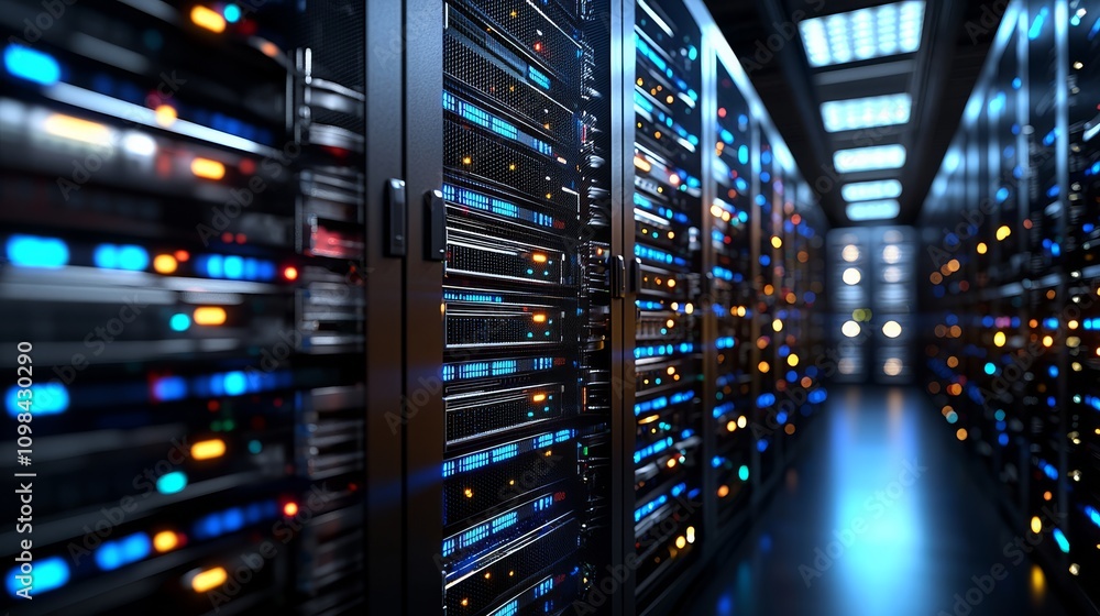 Poster a high-tech server room filled with rows of illuminated data servers, showcasing a modern digital in