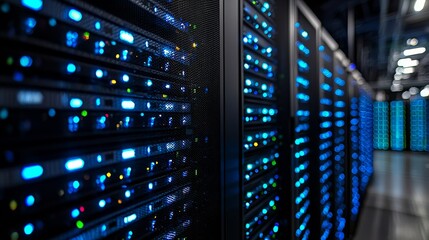 Obraz premium A close-up view of a modern server room filled with illuminated servers, showcasing blue lights and a sleek, high-tech environment.