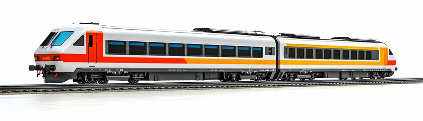 Fototapeta premium Modern Passenger Train on Tracks, A Detailed Illustration of a High-Speed Railcar Design with Orange and Yellow Accents
